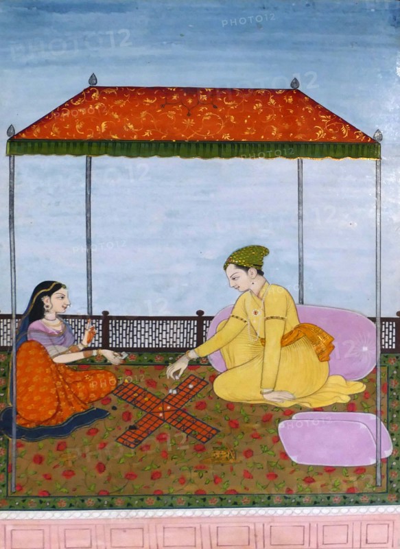 Painting depicting a couple playing Chaupar