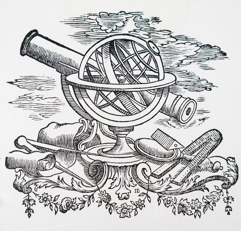 Woodcut print depicting a collection of various astronomy tools. Dated 18th Century