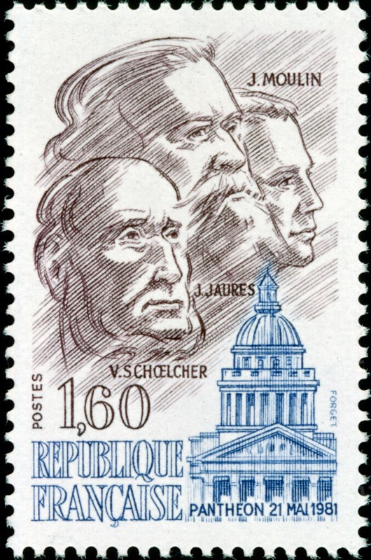 French postage stamp celebrating the Pantheon (temple to all the gods), a building in the Latin Quarter in Paris, France. It was originally built as a church dedicated to St. Genevieve. It is now a secular mausoleum containing the remains of distinguished French citizens. Including Jean Jaures, Jean Moulin and Victor Schoelcher; shown on the stamp.