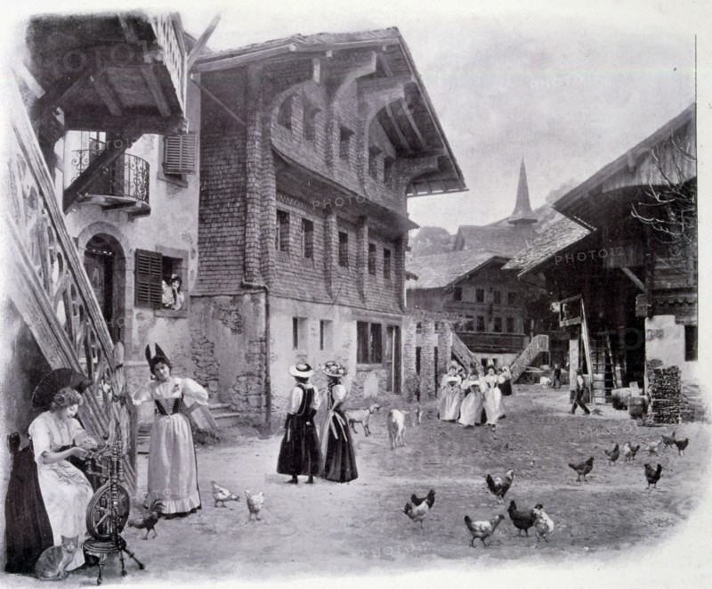 Illustration of a Swiss village - houses from Bourg-Saint-Pierre and Engelberg.
