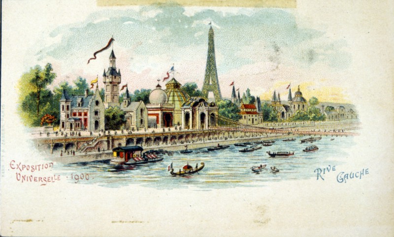 A coloured illustration the Rive Gauche; view over the Seine towards the Eiffel Tower