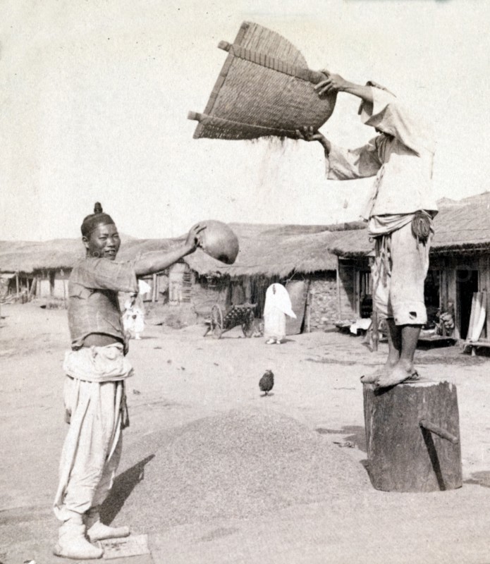 winnowing barley in the streets of Chemulop, Korea. Joseon Era