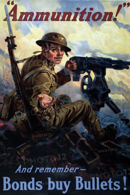 Poster showing a soldier with a machine gun in the heat of battle, reaching out for ammunition