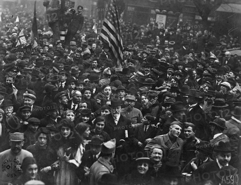 Citizens, celebrating the signing of the armistice by Germany in Paris, which marked the end of World War I