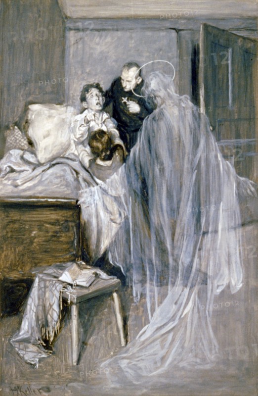 It is death, my son, said the priest. Arthur Keller. Illustration of a boy dying as a priest comforts him