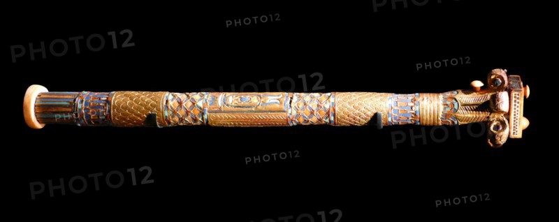 Gilded wooden and ivory pen case in the form of column inlaid with glass