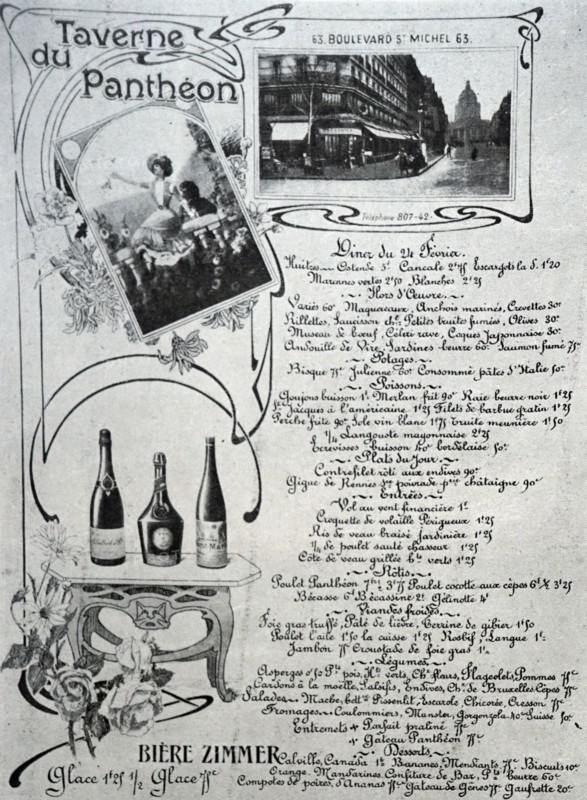 French menu from the Taverne de Pantheon. 1900