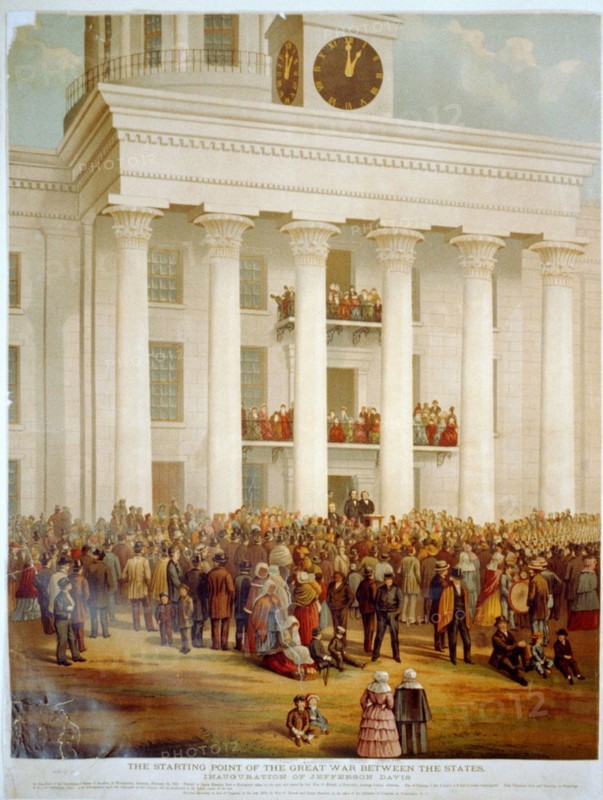 Print shows a crowd at the capitol building at Montgomery, Alabama, at the time of the announcement of Jefferson Davis as the first President of the Confederate States of America