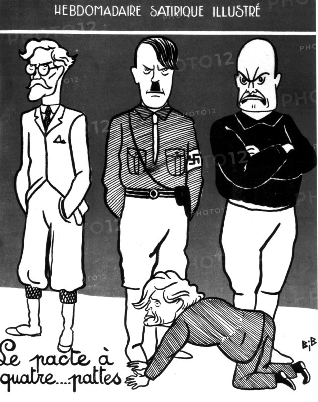 Caricature de Bib extraite de Charivari. "Le pacte à quatre ...pattes", 1933