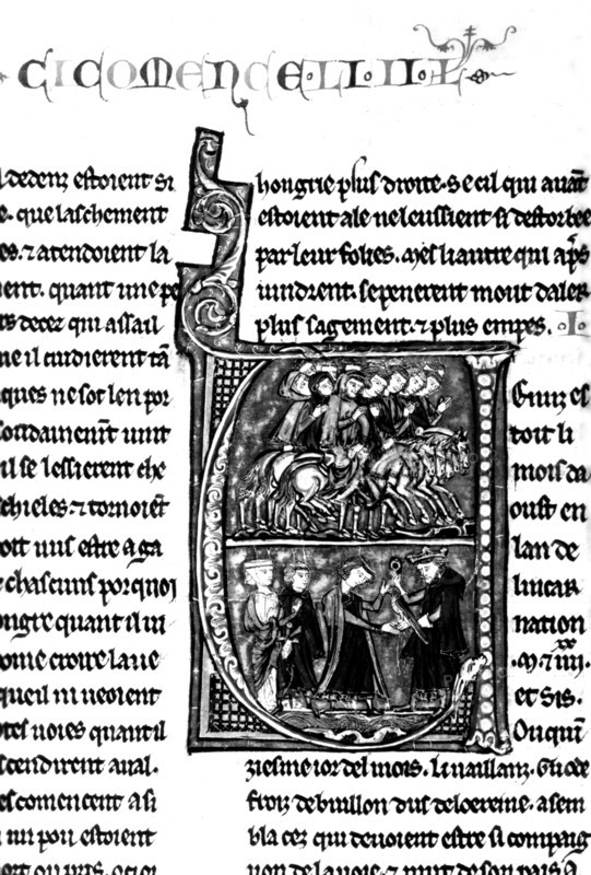 Histoire de Jérusalem par Guillaume de Tyr, vers 1250,  : Godefroy de Bouillon et l'évêque Adhémar du Puy partent en croisade