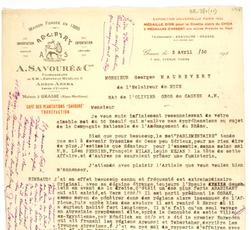 Lettre d'un négociant évoquant ses souvenirs d'Arthur Rimbaud