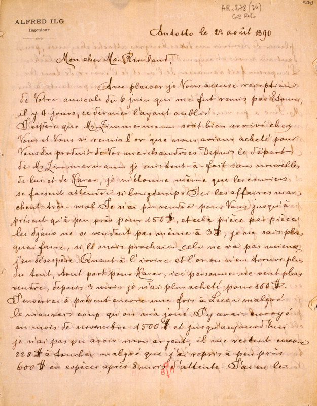 Lettre manuscrite adressée à Arthur Rimbaud (1854-1891)