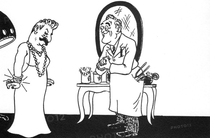 Caricature de Mac in "Combats" n° 5. Roosevelt à Staline : "Je veux bien vous présenter dans le monde, mais à la condition que vous ne montriez pas vos dessous!"