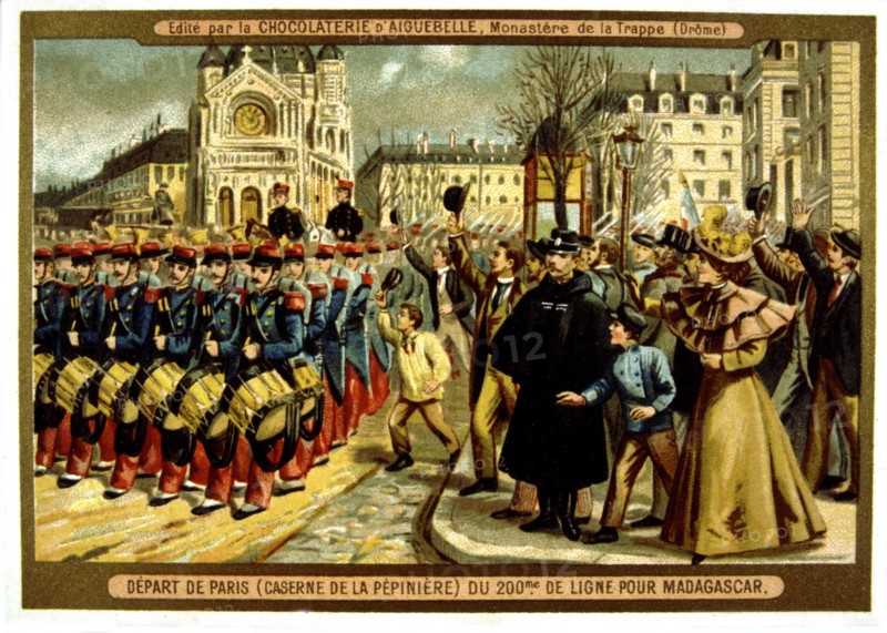 Advertisement for Aiguebelle chocolate 
Conquest of Madagascar: troops leaving Paris for Madagascar