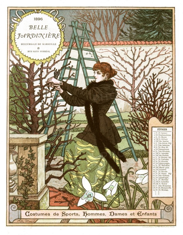 Calendrier de la "Belle jardinière" / Mois de février. Femme émondant un arbre