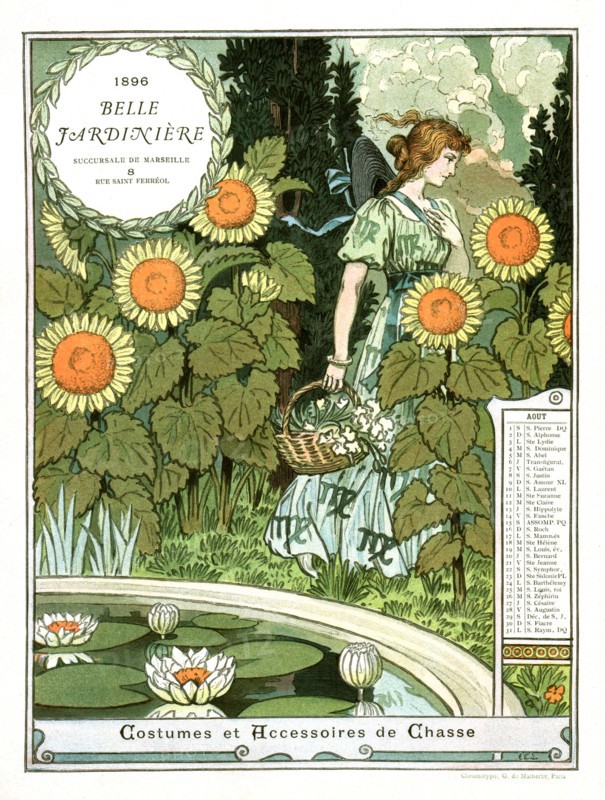 Calendrier de la "Belle jardinière", mois d'août,  femme cueillant des fleurs