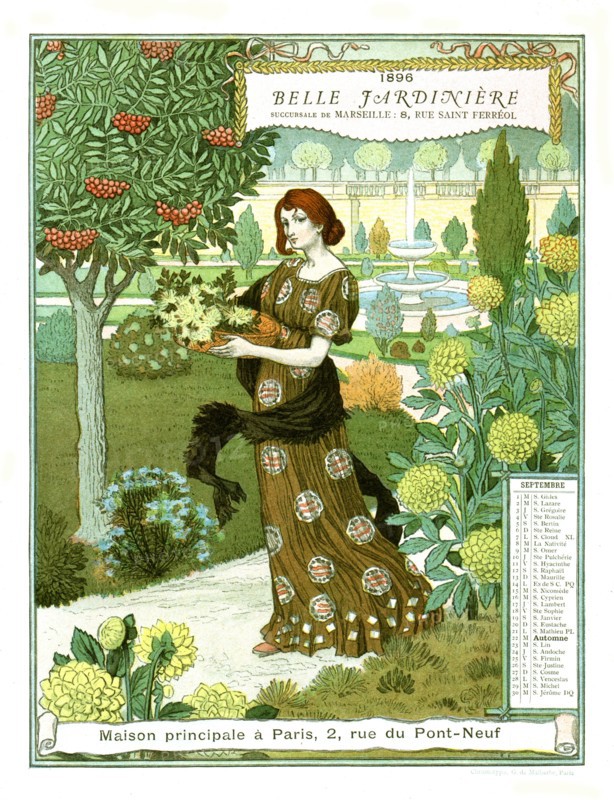 Belle jardinière calendar, Month of September
Woman picking flowers