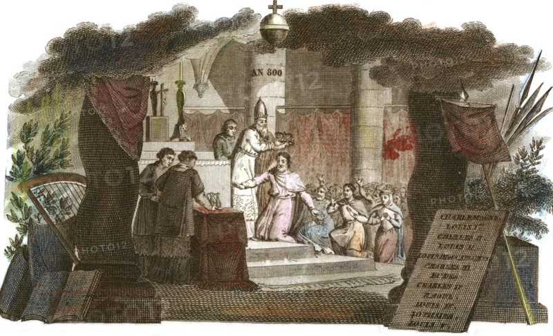 Gravure, Charlemagne couronné empereur en 800,  in "Histoire de France en estampes" édité au 19e