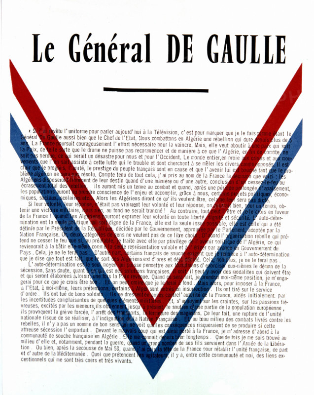 Affiche. Discours du général de Gaulle : droit des Algériens à l'autodétermination