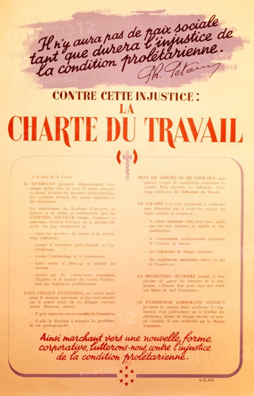 Gouvernement de Vichy. Charte du travail publiée le 26 octobre 1941