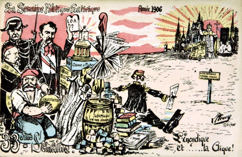 Satirical postcard about the division between church and state. Emile Loubet (1838-1929), Emile Combes (1835-1921) and Louis Lépine (1846-1933) are to be seen.