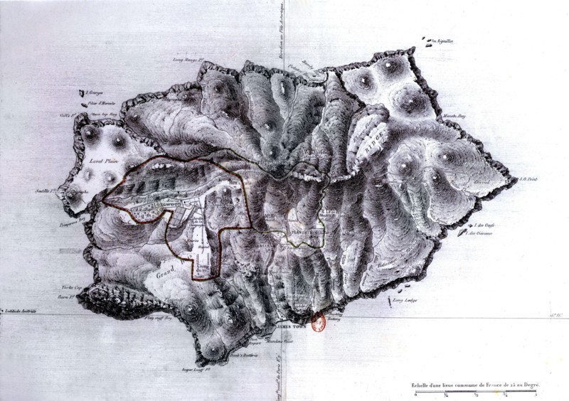 Map of Saint Helena Island, with an indication of the area reserved for Napoleon I (1824)