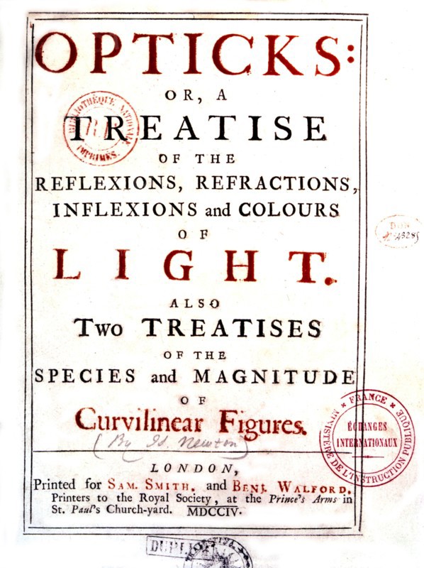 Isaac Newton, "Opticks". Title page of the first edition, published in London (1704)