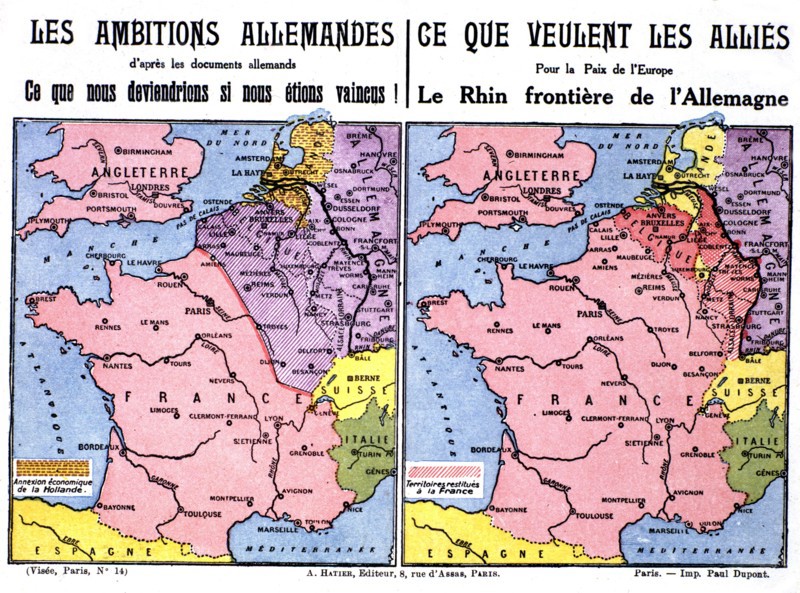 World War I. Postcard printed by the Ligue des patriotes: maps showing German ambitions (1915)