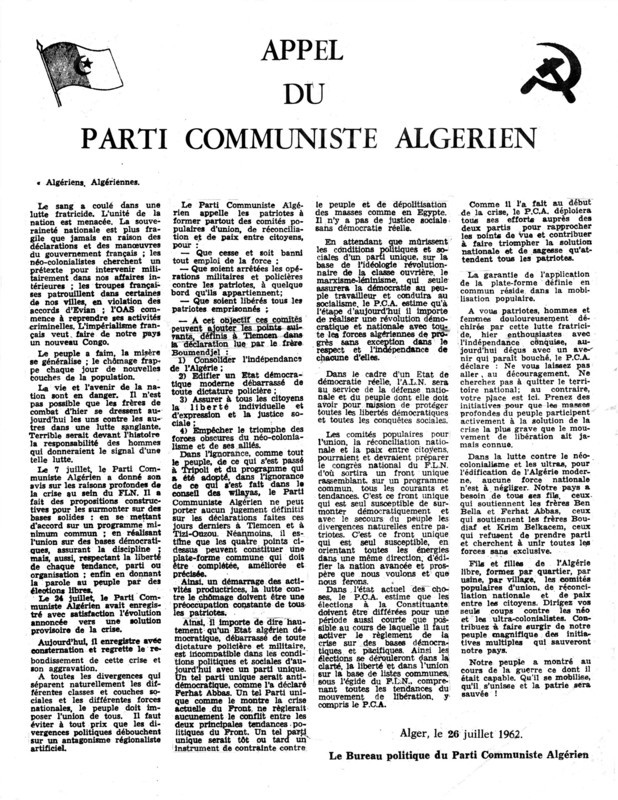 Tract du Parti communiste algérien : "Appel du Parti communiste algérien"