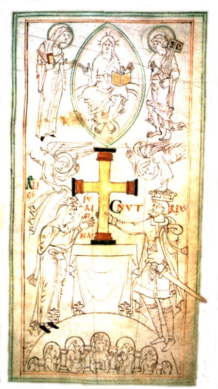 Le roi du Danemark Knut le Grand et la reine Emma offrent une croix d'autel au monastère de Winchester