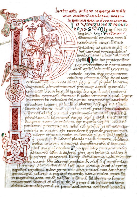 Guillaume de Jumièges, Cesta Normanorum. f° 116, lettre ornée, Guillaume le conquérant reçoit le manuscrit du chroniqueur