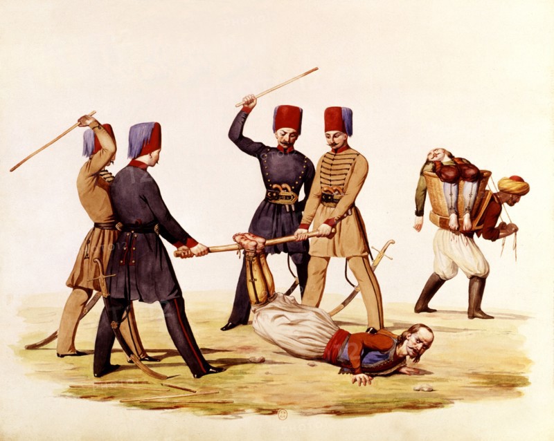 Drawing in colour by Alex Müller in "Tortures of the Mahometans"