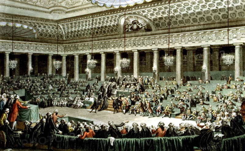 Engraved after a drawing by C. Monnet. National Assembly, in Versailles, session of the night between August 4 and 5, 1789