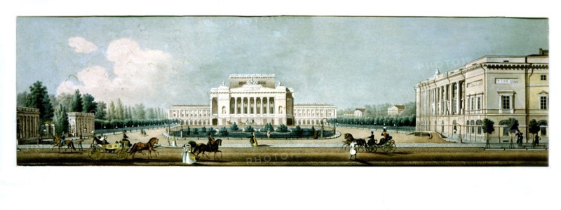 Saint-Pétersbourg, Fragment de panorama de la perspective Nevski : le théâtre Alexandre. Lithographie d'I. Ivanov d'après V.S. Sadovnikov