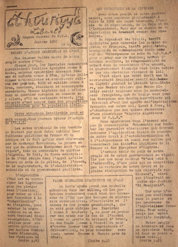 Guerre d'Algérie, "Liberté", journal clandestin du P.C.A