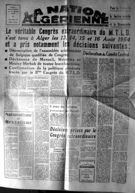 War in Algeria, Front page of the newspaper "La Nation algérienne"