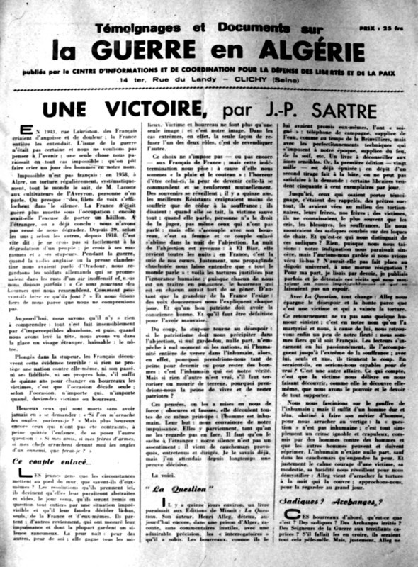 War in Algeria, Front page of the newspaper "Evidence and documents on the War in Algeria"