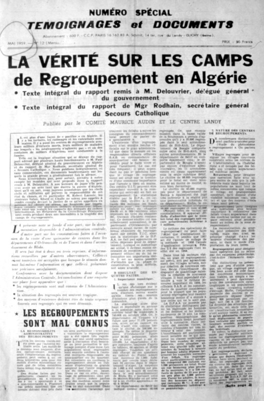 War in Algeria, Front page of the newspaper "Evidence and documents on the War in Algeria"
