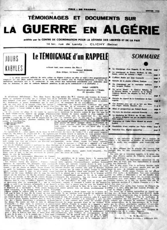 War in Algeria, Front page of the newspaper "Evidence and documents on the War in Algeria"