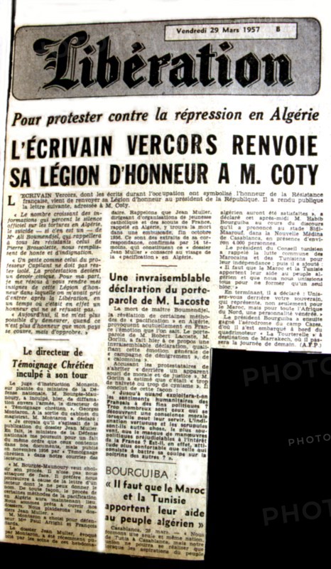 Guerre d'Algérie. L'écrivain Vercors renvoie sa Légion d'honneur au président Coty,  in le journal "Libération"