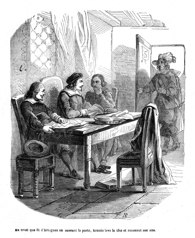 Les trois mousquetaires, "Au bruit que fit d'Artagnan en ouvrant la porte, Aramis leva la tête et reconnut son ami"