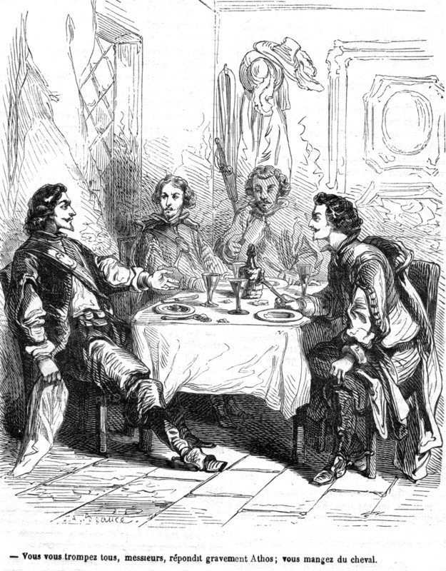 Les trois mousquetaires, Porthos, Aramis, Athos et d'Artagnan.