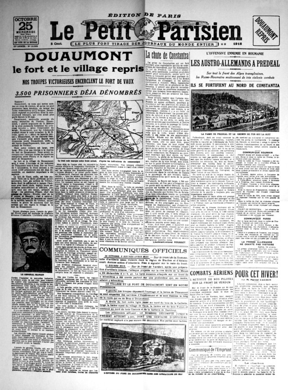 Une du journal "Le Petit Parisien". Reprise du fort et du village de Douaumont