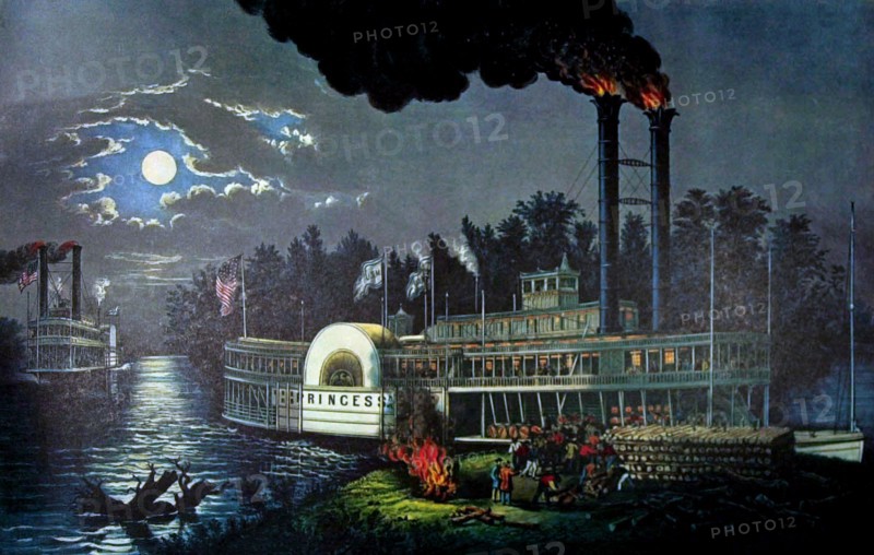 Lithographie de Currier and Ives, "Wooding up on the Mississippi"