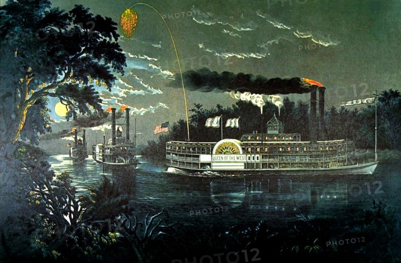 Lithographie de Currier and Ives, "Rounding a bend on the Mississippi"
