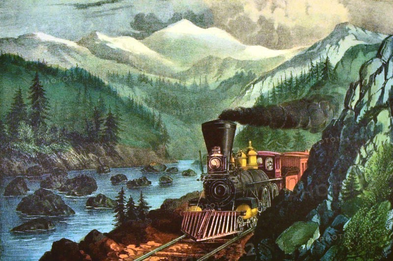 Lithographie de Currier and Ives, La route de la Californie près de la rivière Sierra Nevada