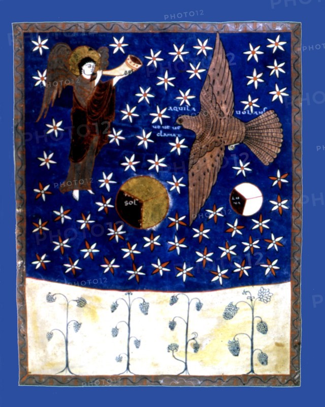 A third quarter of the moon, the sun and the stars getting darker