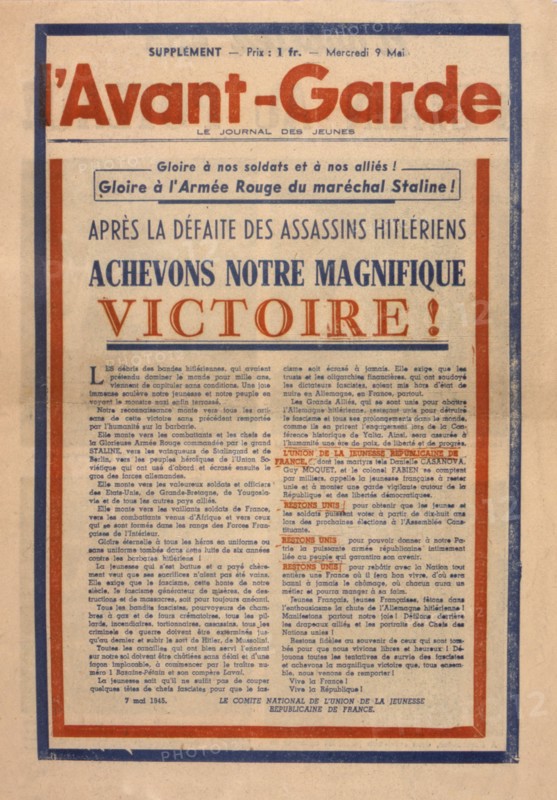 Journal "L'Avant-Garde" du 9 mai 1945 après la capitulation allemande