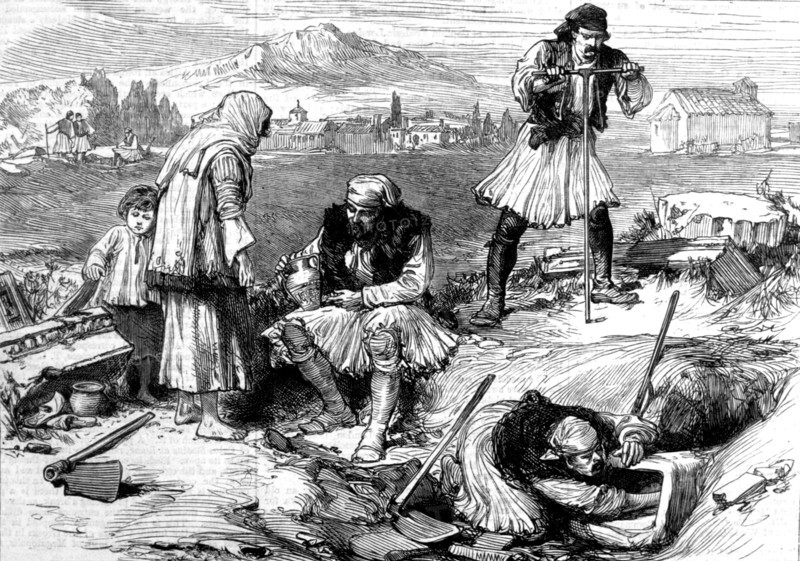Les pilleurs de tombes à l'isthme de Corinthe   Gravure in "The Illustrated London News"