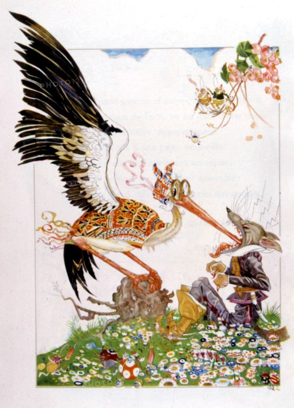 Illustration d'une Fable de La Fontaine : Le loup et la cigogne